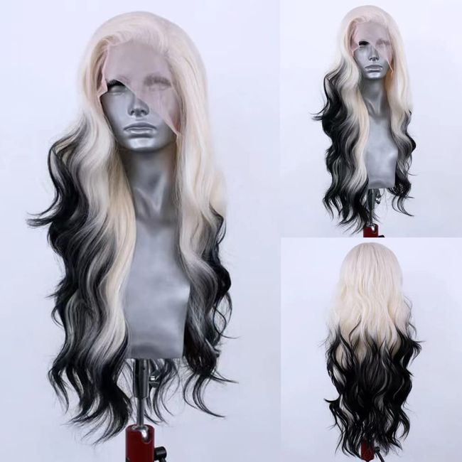 RONGDUOYI Ombre Black Synthetic Lace Front Wig for Women Blonde to Black Colored Lace Wig Body Wave Platinum Roots Lace Wig Synthetic Daily Wear Costume Party Wig