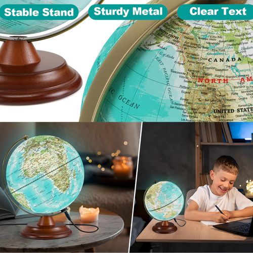 JOWHOL Illuminated Globe of the World with Wooden Stand, 8'' World Globe for Kids & Adults' Learning Built-in LED Night Light, Home Office Classroom Decor Geography Gifts(Elegant Turquoise)
