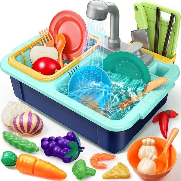 Play Sink with Running Water 11.8 x 8.3 x 8.7 inch, Geyiie Kitchen Sink Toys for Kids Toddlers with Automatic Water Cycle System, Cutting Food, Pretend Role Playset Gift Toys for Girls Boys