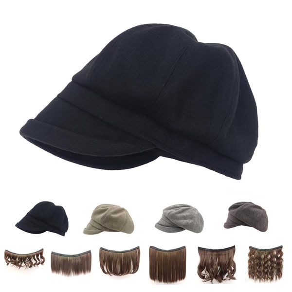 7NOOFNO Winter Berets with,can be Attached a Hair Piece to Form a Hat Wig, Plush Warm Hat with Hair Extension for Women Black