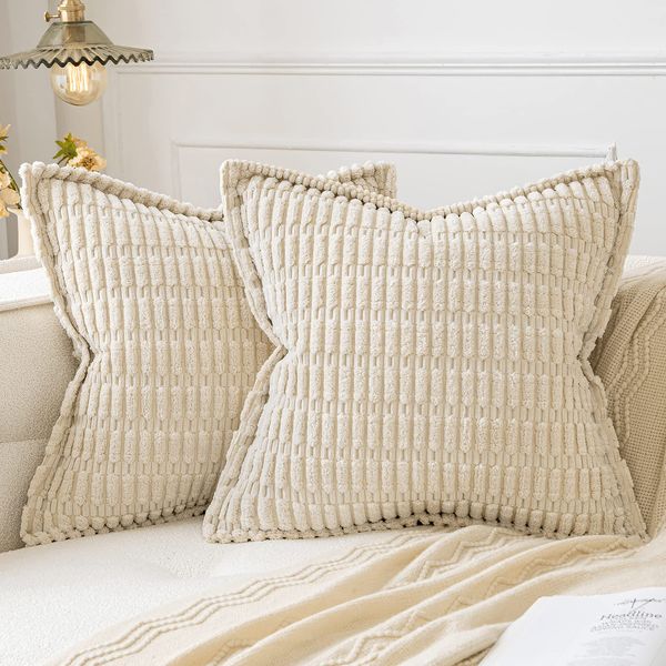 MIULEE Cream White Corduroy Decorative Throw Pillow Covers Pack of 2 Soft Striped Pillows Pillowcases with Broad Edge Modern Christmas Boho Home Decor for Couch Sofa Bed 18x18 Inch