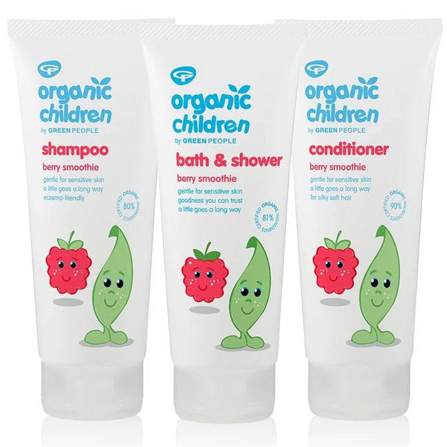 GREEN PEOPLE Organic Children Berry Burst Bath and Shower 200 ml, Shampoo 200 ml and Conditioner 200 ml Bundle, Sensitive skin, Eczema-friendly, Certified organic ingredients, Clear