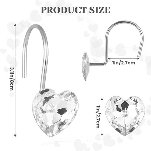 12Pcs Clear Shower Curtain Hooks, Shower Curtain Rings Rust Proof, Heart Shower Rings, Stainless Steel Shower Curtain Hooks Cute, Bling Shower Curtain Hooks, Shower Curtain Hangers, Shower Rod Hooks