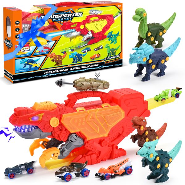 Top Race Trex Transporter - Dinosaur Truck Toy Car for Boys - Monster Dino Truck for Boys - Christmas and Birthday Gift Toys for Kids 3-5 - Dinosaur Storage Rail Car with 4 Cars and 4 Dinosaurs