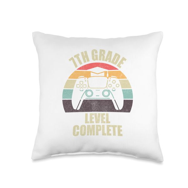 7th Grade Level Complete Gaming Shirts, Gamer Boy Graduation Throw Pillow