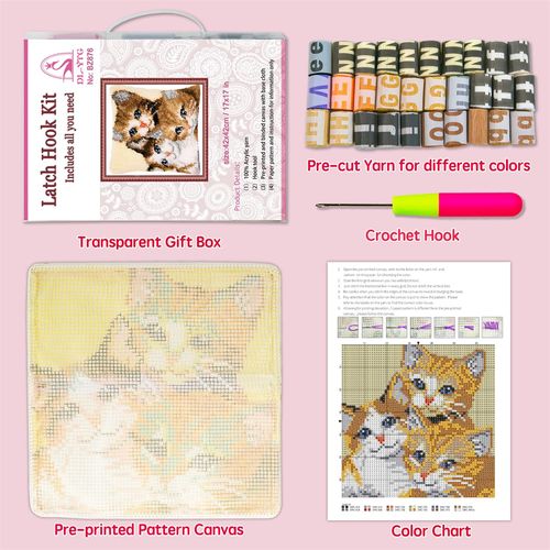 DL-YTG Latch Hook Kits Pillow Cat Crochet Yarn Cushion Colour Pre-Printed Canvas Rug Needlework DIY Pillowcase Hook and Latch Kit Christmas Home Arts Crafts Sofa Decoration 42x42cm/16X16inch