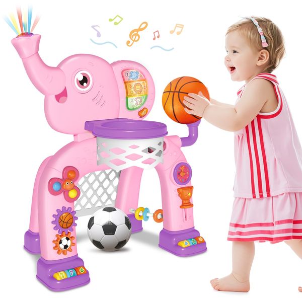 Shemira Toddler Basketball Hoop & Soccer Goal Activity Center Toys with Light & Music, Elephant Toddlers Musical Toys Gift, Baby & Toddlers Christmas Birthday Gift for 1 2 3 Year Old Girls & Boys