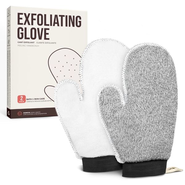 ZOMCHI 2 Pack Deep Exfoliating Glove with Dual Texture, Massage Body Scrub Gloves for Home Spa, Exfoliating Mitt for Dead Skin Removal (Deep + Soft)