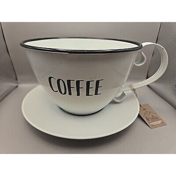 Boston Warehouse Coffee Pod Storage Cup & Saucer Metal White w/Black Letters NEW
