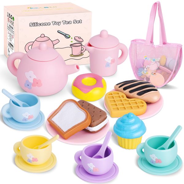 Silicone Tea Party Set for Little Girls,PRE-WORLD 25PCS Toys Toddler Tea Set with Play Food Dessert Cookies,Doughnut,Cake,Carrying Bag,Kids Kitchen Pretend Role Gifts for Girls Boys Age 3 4 5 6