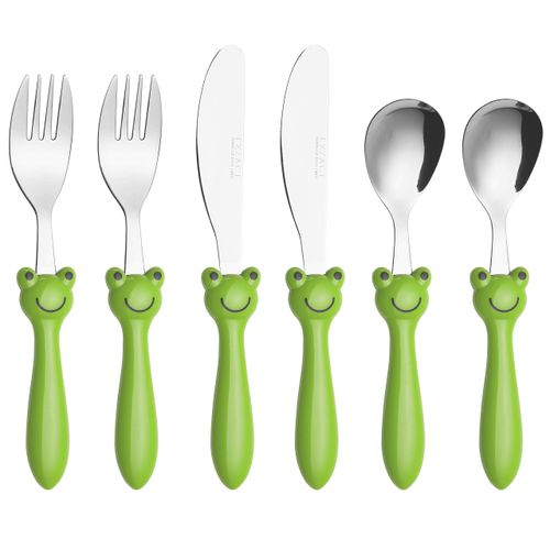 Exzact Children's Cutlery Stainless Steel 6pcs Set/Kids Cutlery/Toddler Utensils/Flatware - 2 x Forks, 2 x Safe Dinner Knives, 2 x Dinner Spoons (Frog x 6)