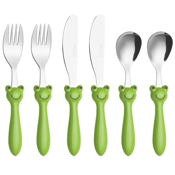 Exzact Children's Cutlery Stainless Steel 6pcs Set/Kids Cutlery/Toddler Utensils/Flatware - 2 x Forks, 2 x Safe Dinner Knives, 2 x Dinner Spoons (Frog x 6)