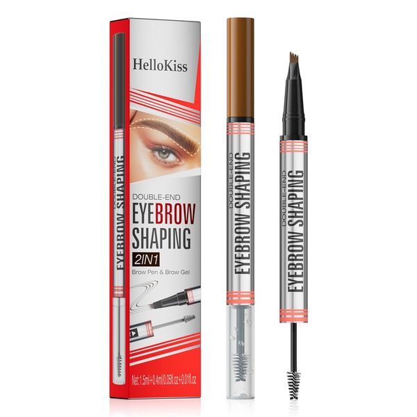 Eyebrow Pen - 2-in-1 Dual-Ended Eyebrow Pen with 4-Fork-Tip & Eyebrow Brush and Sealing Brow Gel, Creates Natural Looking Brows Effortlessly, Long-lasting and Waterproof (Light Brown)