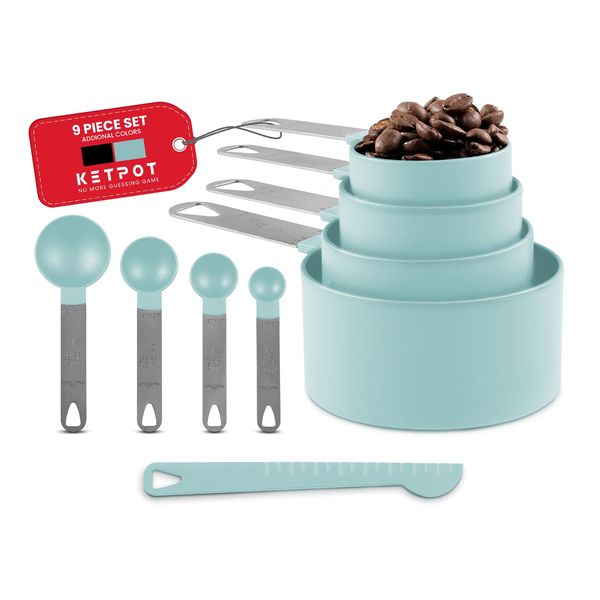 KETPOT 9-Piece Cup Measure for Baking ; 4 Measuring Cups, 4 Measuring Spoons and 1 Leveler, Cooking Measuring Cups for Liquid & Dry Ingredients-Suitable for American and Other Recipes