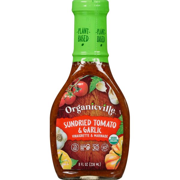 Organicville Sundried Tomato and Garlic Vinaigrette - Salad Dressings, Keto Friendly, Gluten Free, Organic, Vegan, 0g Added Sugar, Whole 30, Paleo, Made with Organic Sun Dried Tomatoes - 8 Oz