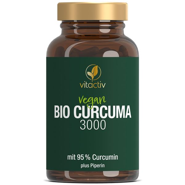 Vitactiv Natural Nutrition Organic Curcuma 3000 - Turmeric High Dose - Curcuma Extract with 95% Curcumin - Piperine for High Bioavailability - No Magnesium Stearate, Vegan 60 Curcuma Capsules for 60