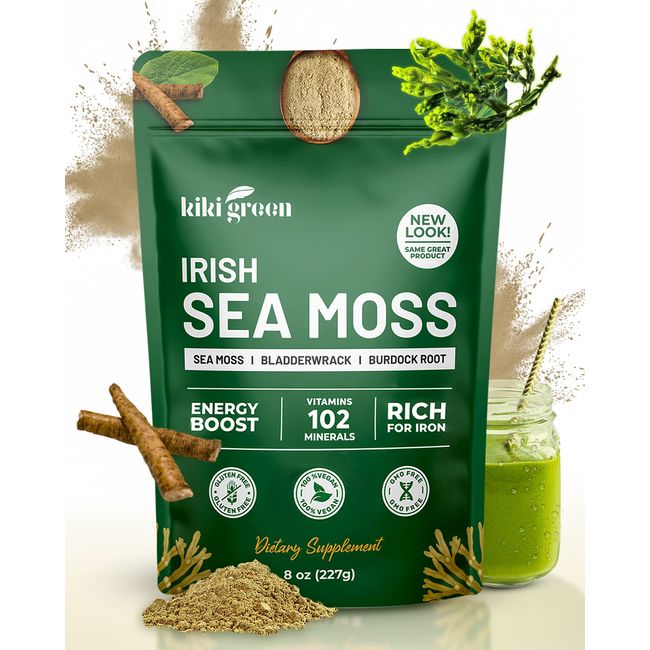 KIKI Green Irish Sea Moss Powder 8 Oz - Wildcrafted Sea Moss with Bladderwrack Burdock Root Powder Dr Sebi Sea Moss for Immune Support - Keto, Vegan Friendly Powder