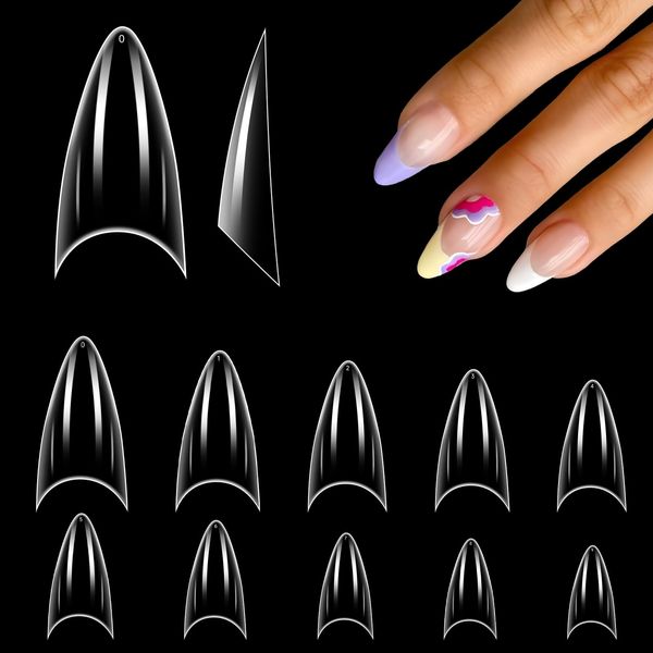 Nageltips Kurz Stiletto 500 Stücke Set, 10 Größen Nagel Tipps Acryl Fake Nail Nagel Tip für Gelnägel Polygel Künstlich Nagelspitzen Transparente Falsche Nagel Französisch Natur