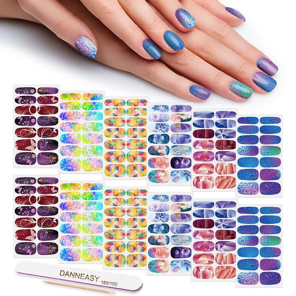 Nail Polish Strips Starry Star Style, DANNEASY 12 Sheets Adhesive Nail Stickers Gradient Nail Wraps for Women Manicure Kit 1Pc Nail File, Cuticle Stick