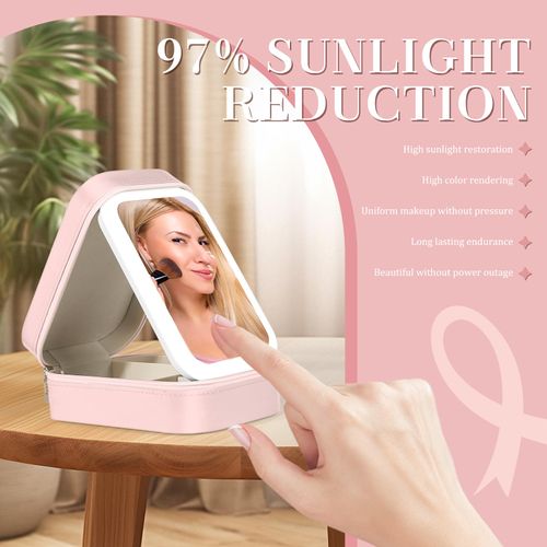 Borsa per trucchi da viaggio con specchio a LED, Borsa per trucchi a LED, Piccolo organizer per trucchi con luce, Scatola per trucchi portatile con specchio e luce (Rosa)