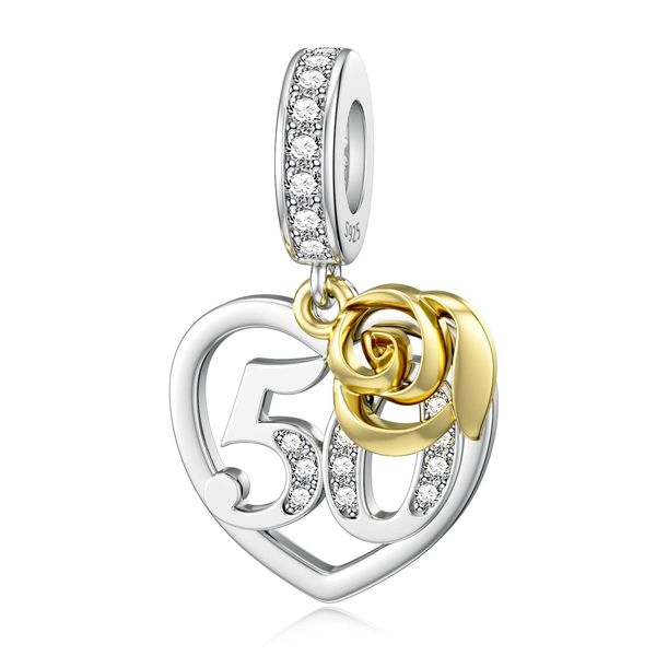 Silver 50th Birthday Charms Gold Rose for Pandora 50 Charm Mother Gift
