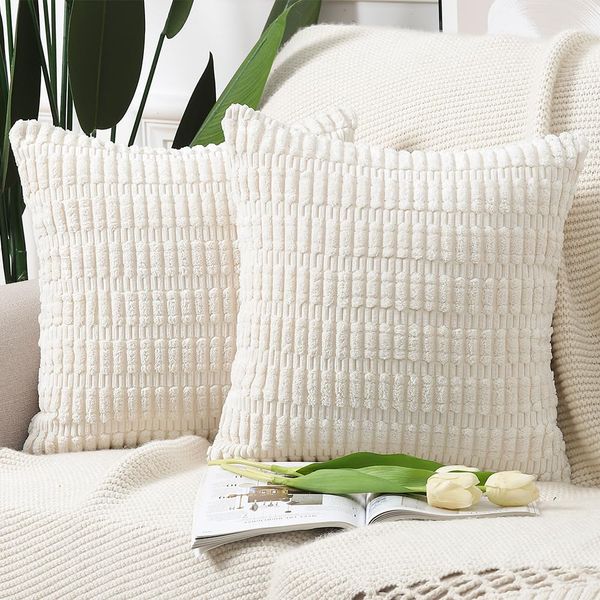 Madizz Pack of 2 Boho Striped Corduroy Throw Pillow Covers 18x18 inch, 45x45 cm, Beige Soft Decorative Cushion Cover for Sofa Bedroom Pillow Shell
