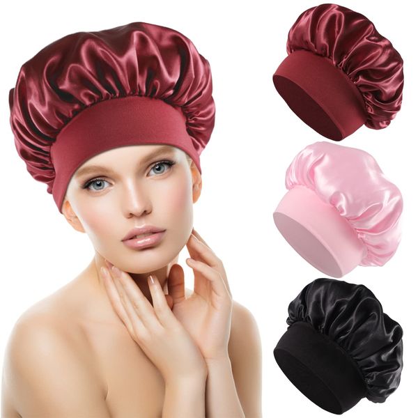 Pimoys 3Pcs Hair Bonnet for Sleeping, Satin Bonnet Silk Hair Wrap with Wide Elastic Band Soft Hair Sleeping Caps for Curly Hair and Straight Hair Black