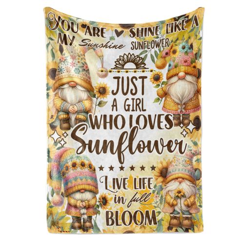 Huglanket Sunflower Gnome Gifts for Women, Bed Flannel Plush Blanket (50"x 65"), Gifts for Girl for Birthday, Thanksgiving, Christmas - Sunflower