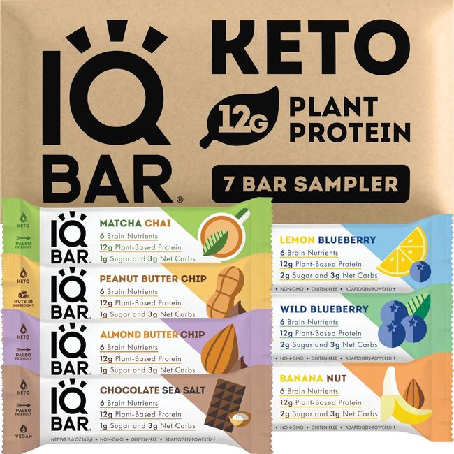 IQBAR Brain and Body Keto Protein Bars - 7 Sampler Keto Energy Bars - Low Carb,