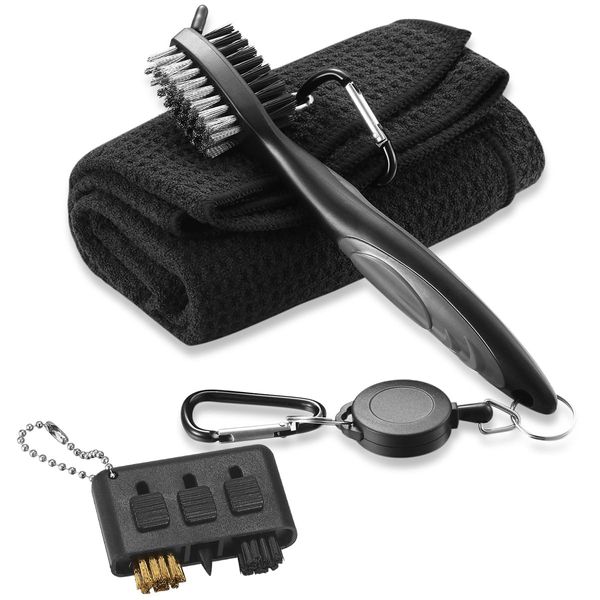 pzihao Golf Club Brush and Microfibe Towel Kit、Cleaning brush, with Carabiner Clip Waffle Pattern Golf Cleaning Tool, Golf Gifts for Men Golf Cleaniner Set