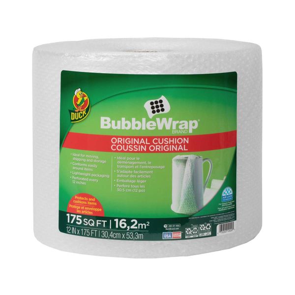 Duck Brand Bubble Wrap Roll, Original Bubble Cushioning, 12" x 175', Perforated Every 12" (1053440), Clear