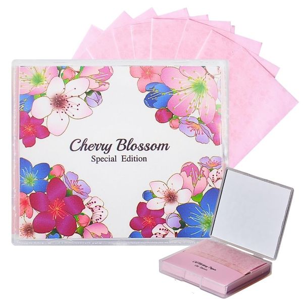 [100 Counts + Mirror Case] Cherry Blossom Natural Oil Blotting Paper for Face Korean with Mirror Case