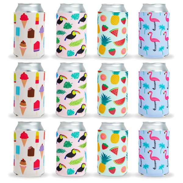 12 Pack Tropical Neoprene Can Cooler Sleeves for Beer, Bottles, Soft Drinks, Soda Covers for Beach, Summer Pool Parties (4 Designs, 12 oz)