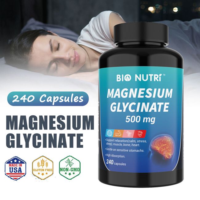 Magnesium Glycinate 500mg - 240 Capsules For Sleep, Stress Relief Support Bone