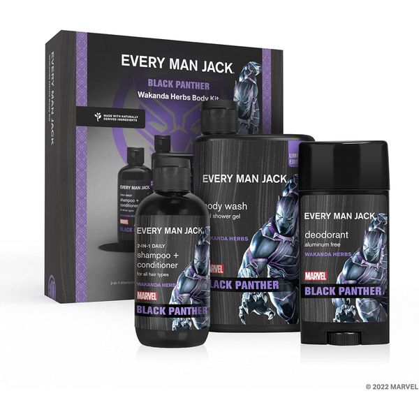 Every Man Jack Black Panther Bath and Body Gift Set for Men - Includes Body Wash, Shampoo & Deodorant - with Clean Ingredients