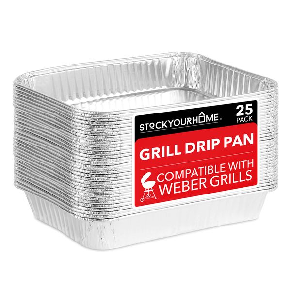 Stock Your Home 2” Aluminum Drip Pan (25 Count) Disposable Foil Liner, Compatible with Weber Grills, Dripping Pans, BBQ Grease Tray to Catch Oil, Outdoor Weber Grill Accessories