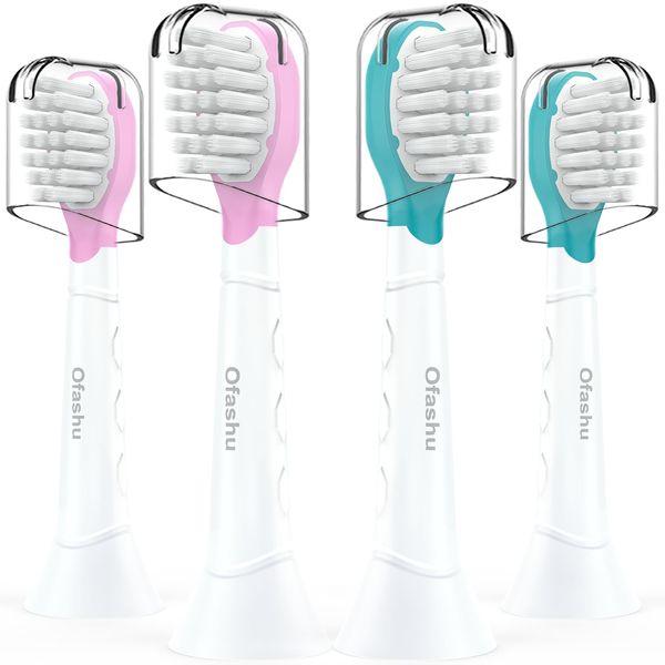 Ofashu Kids Toothbrush Heads for Sonicare: Sonic Electric Replacement Brush Compatible with Phillips 6032/94 6321 6340 6042 6320 Mini Compact Head for Child 3-7, Pink Girl Green Boy 4 Pack
