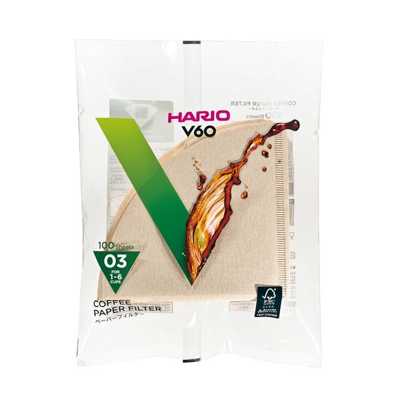 Hario VCF-03-100M V60 Paper Coffee Filter, 03M, For 1-6 Cups, 100 Sheets, Unbleached