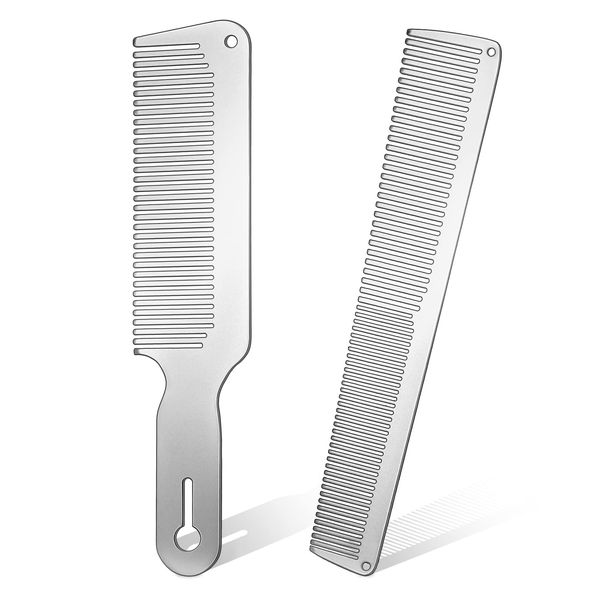 2 Pieces Metal Comb Set Metal Barber Comb Stainless Steel Blending Comb Fine Styling Cutting Comb Flat Top Clipper Comb Metal Detangling Comb for Men Women Salon, 2 Styles (Silver)