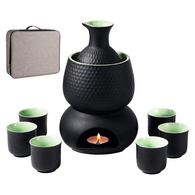 Ceramic Sake Set Cups with Warmer Keep Sake Storage Gift Box, Traditional Porcelain Pottery Hot Saki Drink, 9pcs include 1 Stove 1 Warming Bowl 1 200ml Sake Bottle 6 Cup