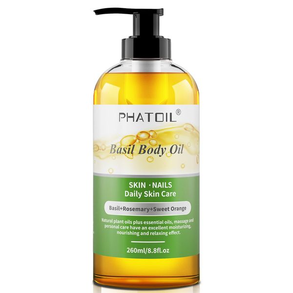 PHATOIL Basil Body Oil with Pump, 260 ml (8.8 fl.oz) Multi-Purpose Massage Oil Body Oils, Blends of Natural Plant Oils and Essential Oils, Great for Skin Care