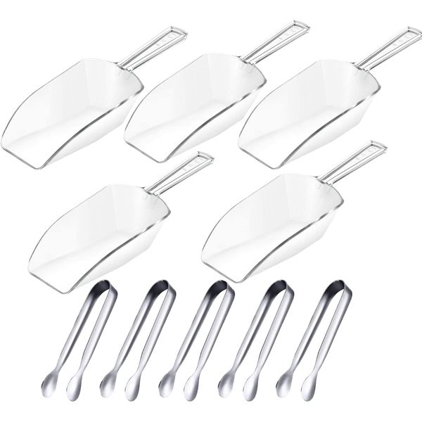 5Pcs Ice Tongs and 5Pcs Plastic Measuring Scoops, Serving Tongs Food Scoops Set for Sweet Candy Coffee Ice Bucket Bar Kitchen Wedding Birthday Party