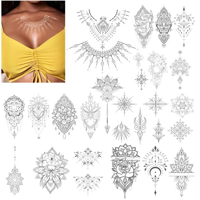 Roarhowl Metallic sparkle temporary tattoos, gold, silver, suitable for all skin tones (silvery 3)