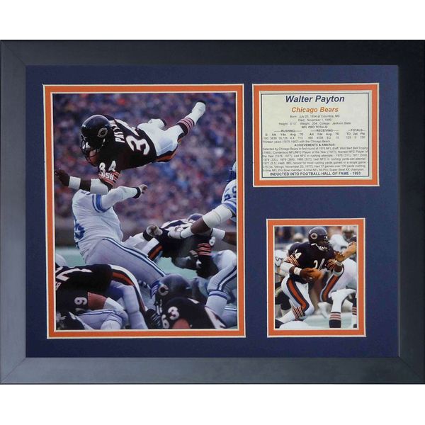 Legends Never Die Chicago Bears Hall of Fame Running Back Walter Payton Collectible | Framed Photo Collage Decor - 12"x15", Model: 11457U, Black