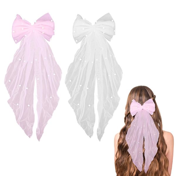 Bekecidi 2 PCS Bridal Bow Veil Pearl Hair Clip Wedding Bridal Veil White Hair Bows French Hair Barrettes Bride to Be Hair Accessories for Women Girls Party Decorations (White, Pink)