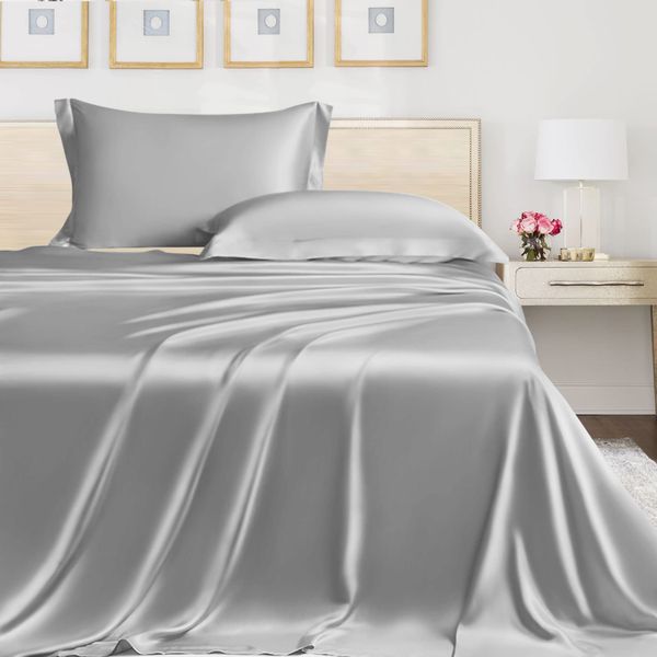 LINENWALAS Queen Flat Sheet Only, Austrian Tencel Lyocel Silk Sheets, Better Than Egyptian Cotton Premium Hotel Quality Soft Cooling Top Bed Sheet (Silver, Queen)