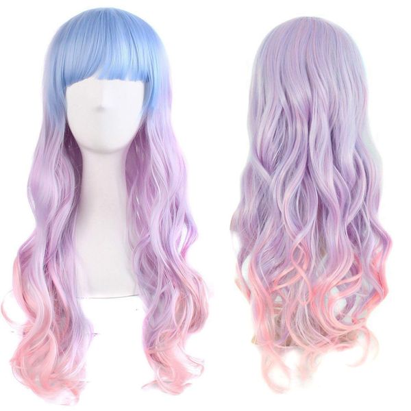 ColorfulPanda Long Wavy Wig Colourful Wigs for Women Harajuku Style Cosplay Party Costume Synthetic Wig(Light Blue/Light Purple/Pink)