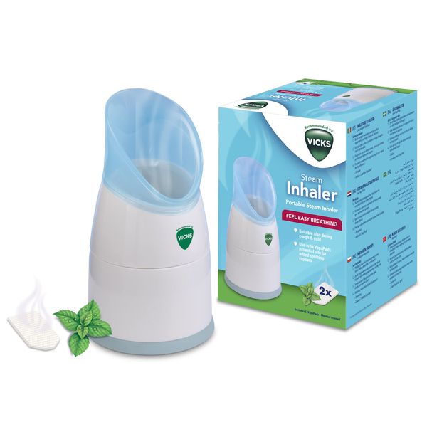 Vicks Portable Steam Inhaler - Suitable during Coughs, Colds or Blocked Noses - Compact - Easy to Use - Travel - Dishwashwer Safe - VapoPads with Essential Oils Included - V1300