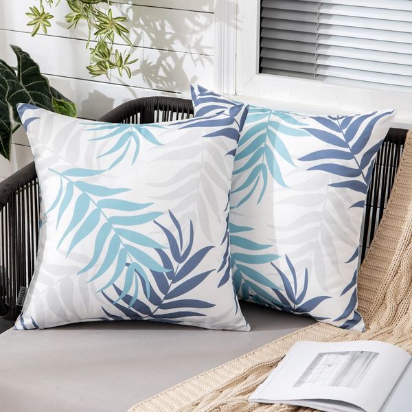 MIULEE Outdoor Cushion Covers Waterproof Polyester Throw Pillow Cover Square Decorative Pillowcase with Leaf Patterns for Garden Sofa Livingroom Bedroom Tent Park 2 Pieces 18x18 Inch Grey Blue