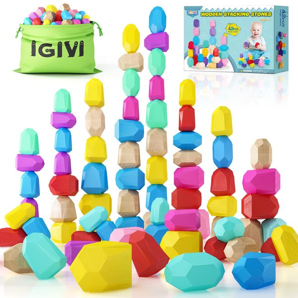 IGIVI Montessori Toys Rainbow Wooden Stacking Toys for Toddlers 1-3, 42 Natural Wood Blocks, Early Learning Sensory Toys for Toddlers, Birthday Gifts Toys for 2-4 Year Old Boys & Girls